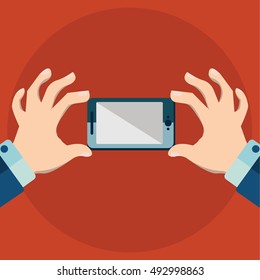Hands holing smartphone, blank screen. Using mobile smart phone.