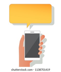 Hands holing smartphone with blank speech bubble for text. Chat icon, message on smartphone. Messaging concept for web banner, web site, infographics. Creative paper flat design vector illustration