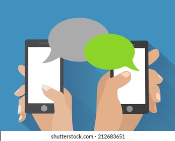 Hands holing smartphone with blank speech bubble for text. Using smart phone similar to iphon for text messaging. Eps 10 flat design concept.