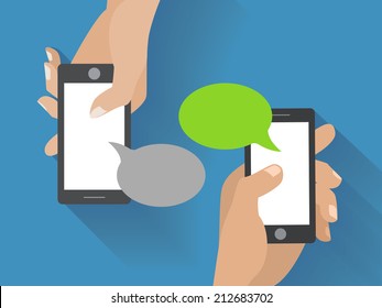 Hands Holing Smartphone With Blank Speech Bubble For Text. Using Smart Phone Similar To Iphon For Text Messaging. Eps 10 Flat Design Concept.