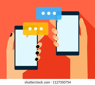 Hands holing smartphone with speech bubble. Using smart phone for text messaging. Mobile phone chat message notifications. Eps 10 vector flat design concept.