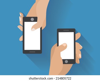 Hands holing smartphones. Using smart phone flat design concept. Eps 10 vector