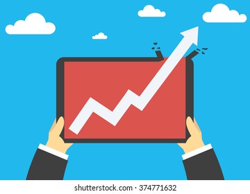 Hands holing tablet. Chart as a symbol of business growth.