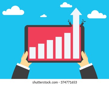 Hands holing tablet. Chart as a symbol of business growth.