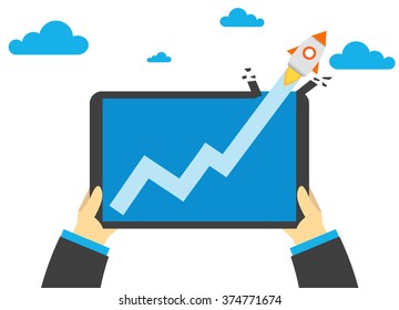 Hands holing tablet. Chart as a symbol of business growth.
