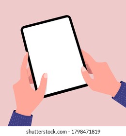Hands holing tablet computer with blank screen. Editable tablet template.