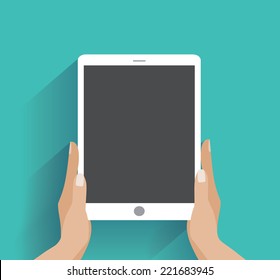 Hands holing tablet computer with blank screen. Using digital tablet pc similar to ipad, flat design concept. Eps 10 vector illustration