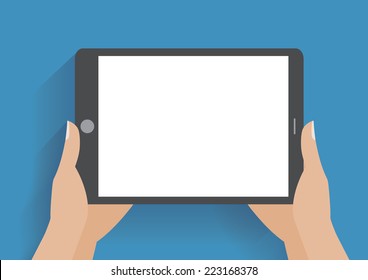 Hands holing tablet computer with blank screen. Using digital tablet pc similar to ipad, flat design concept. Eps 10 vector illustration