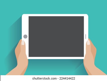 Hands Holing Tablet Computer With Blank Screen. Using Digital Tablet Pc Similar To Ipad, Flat Design Concept. Eps 10 Vector Illustration