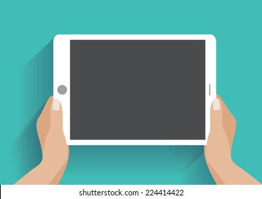 Hands holing tablet computer with blank screen. Using digital tablet pc similar to ipad, flat design concept. Eps 10 vector illustration