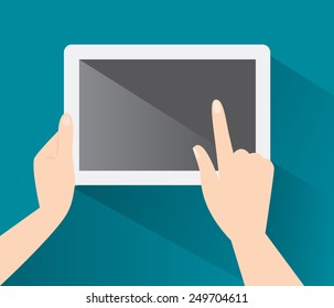 Hands holing tablet computer with a blank screen in flat design. Eps 10 vector illustration