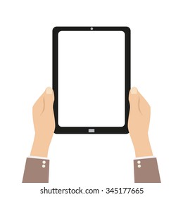 Hands holing tablet computer with blank screen