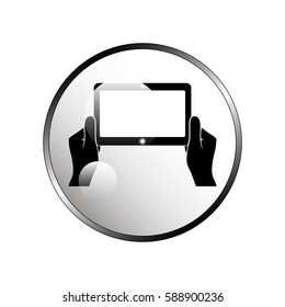 Hands holing tablet computer with blank screen.