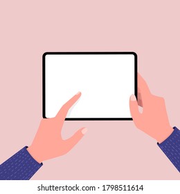 Hands holing tablet computer and pointing on the blank screen. Editable tablet template.