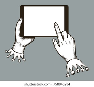 Hands holing tablet computer with tap finger on blank screen. Digital tablet pc similar to ipad. Using tablet for online purchasing, E-commerce. Stylized old engraving, retro, vintage, design concept.