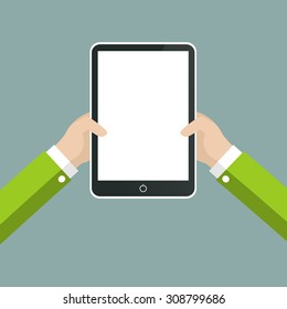 Hands holing tablet computer with a white screen.  Vector  illustration.