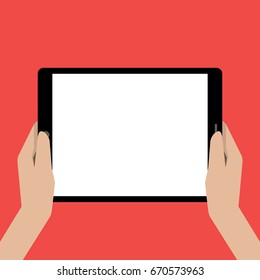 Hands holing tablet computer with a white screen. Using digital tablet pc. Vector illustration