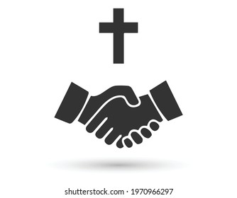 Hands with holy cross. Design element for logo, label, emblem, sign, badge. Vector illustration