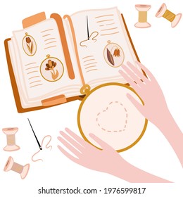 
hands with hoop for embroidery and opened book