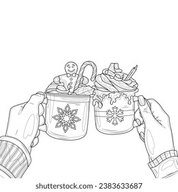 
Hands with hot chocolate.Christmas.Coloring book antistress for children and adults. Illustration isolated on white background.Zen-tangle style. Hand draw