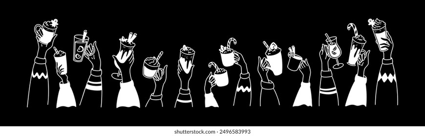 Hands up with hot Christmas drinks. Christmas market mulled wine chalkboard. Pumpkin spice latte, hot wine, warm cocktails, marshmallow chocolate. Ugly sweater party