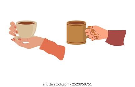 Hands with hot drink cups. Beverages ceramic mugs