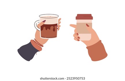 Mãos com copos de bebida quente. Bebidas canecas de cerâmica