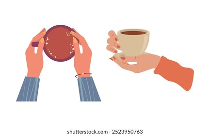 Hands with hot drink cups. Beverages ceramic mugs