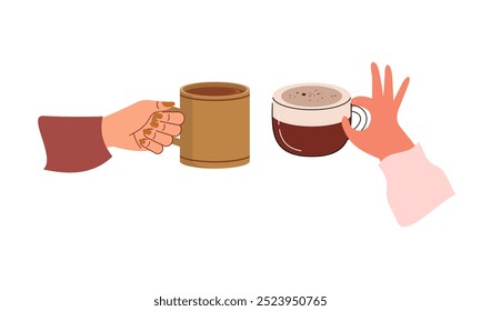 Manos con tazas de bebidas calientes. Tazas de cerámica de las bebidas