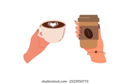 Manos con tazas de bebidas calientes. Tazas de cerámica de las bebidas