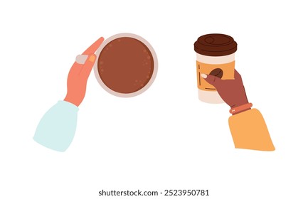 Hands with hot drink cups. Beverages ceramic mugs