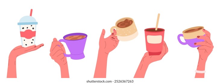 Manos con tazas de bebidas calientes. Personas que sostienen tazas de café o té, manos humanas con café caliente, café con leche, cacao o tazas de matcha conjunto de Ilustración vectorial plana. Mano femenina que sostiene las tazas