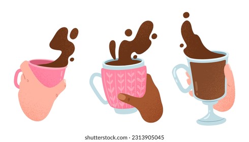 Hands with hot drinks in cups set. Characters with coffee or tea. Aroma and beverage, tasty liquid. Espresso, americano and cappuccino. Cartoon flat vector collection isolated on white background