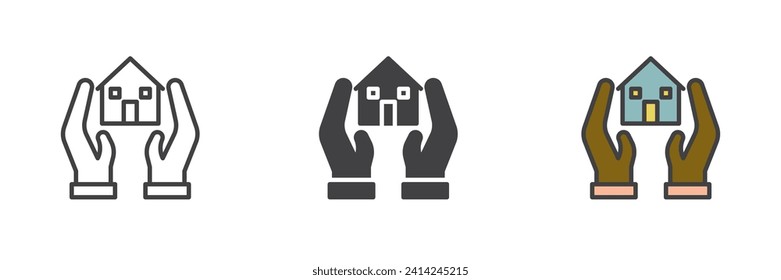 Hands and house different style icon set. Line, glyph and filled outline colorful version, outline and filled vector sign. Realty insurance Symbol, logo illustration. Vector graphics
