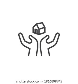 Hands with house line icon. linear style sign for mobile concept and web design. Hands holding home outline vector icon. Symbol, logo illustration. Vector graphics