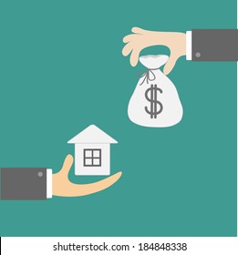 Hands with house and money  bag. Exchanging concept. Flat design style. Vector illustration.