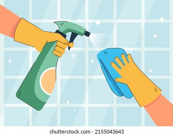 Hands of housekeeper cleaning tiles in kitchen or bathroom. Cleaner holding wipe and spray flat vector illustration. Hygiene, housekeeping, cleaning service concept for banner, website design