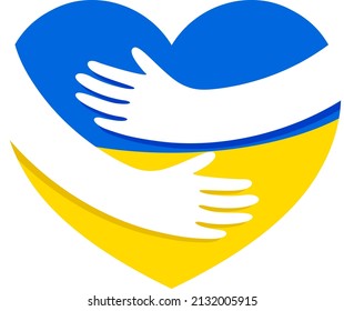 Hands hug blue yellow heart shape. Colors of Ukraine flag Icon design. No war, pray for Ukraine. Vector illustration 