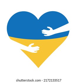Hands hug blue yellow heart shape. Colors of Ukraine flag Icon design. No war, pray for Ukraine. Vector illustration