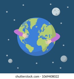 Hands Hug Earth Globe. Earth Day Vector Illustration