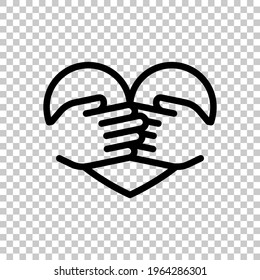 Hands hug the heart, love yourself, take care about health. Black editable linear symbol on transparent background