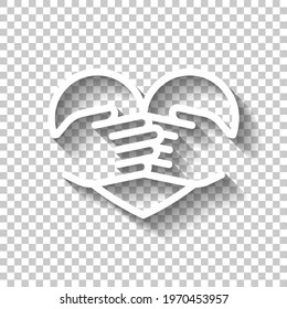 Hands hug the heart, love yourself, take care about health. White linear icon with editable stroke and shadow on transparent background