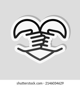 Hands hug the heart, love yourself, take care about health. Linear sticker, white border and simple shadow on gray background