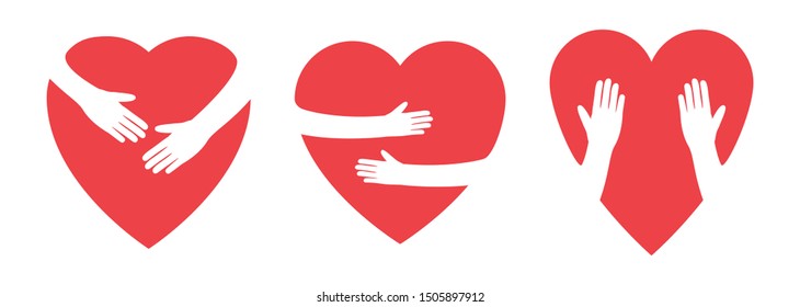 Hands hug hearts illustration. Hope love vector concept. Hands hold hearts isolated on white background. Volunteering friendship relationships health care concept