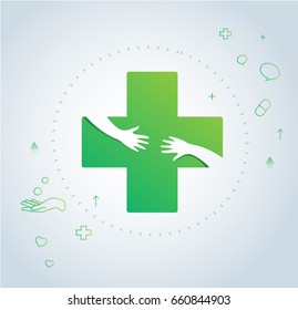 hands hug in hospital icon design,  healthcare and medical logo symbol vector