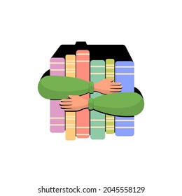 Hands hug many books. Keep an armful of literature. Concept: love to read, exam preparation, study material. Vector illustration, flat cartoon modern design, isolated on white background.