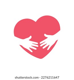 Hands hug a red heart. Flat style.