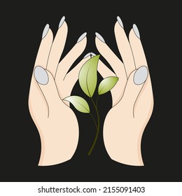 hands hug a tree branch with three leaves. isolated vector illustration