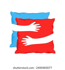 Hands hugged Pillows. Hands hugging red and blue pillow in flat style isolated on white background. Sofa bed sleep cushion. Soft, Feather, bamboo eco fabric. Cartoon style design. vector illustration