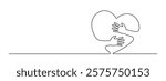 hands hugging a big heart continuous one line drawing, care concept black linear horizontal vector decorative element, editable stroke